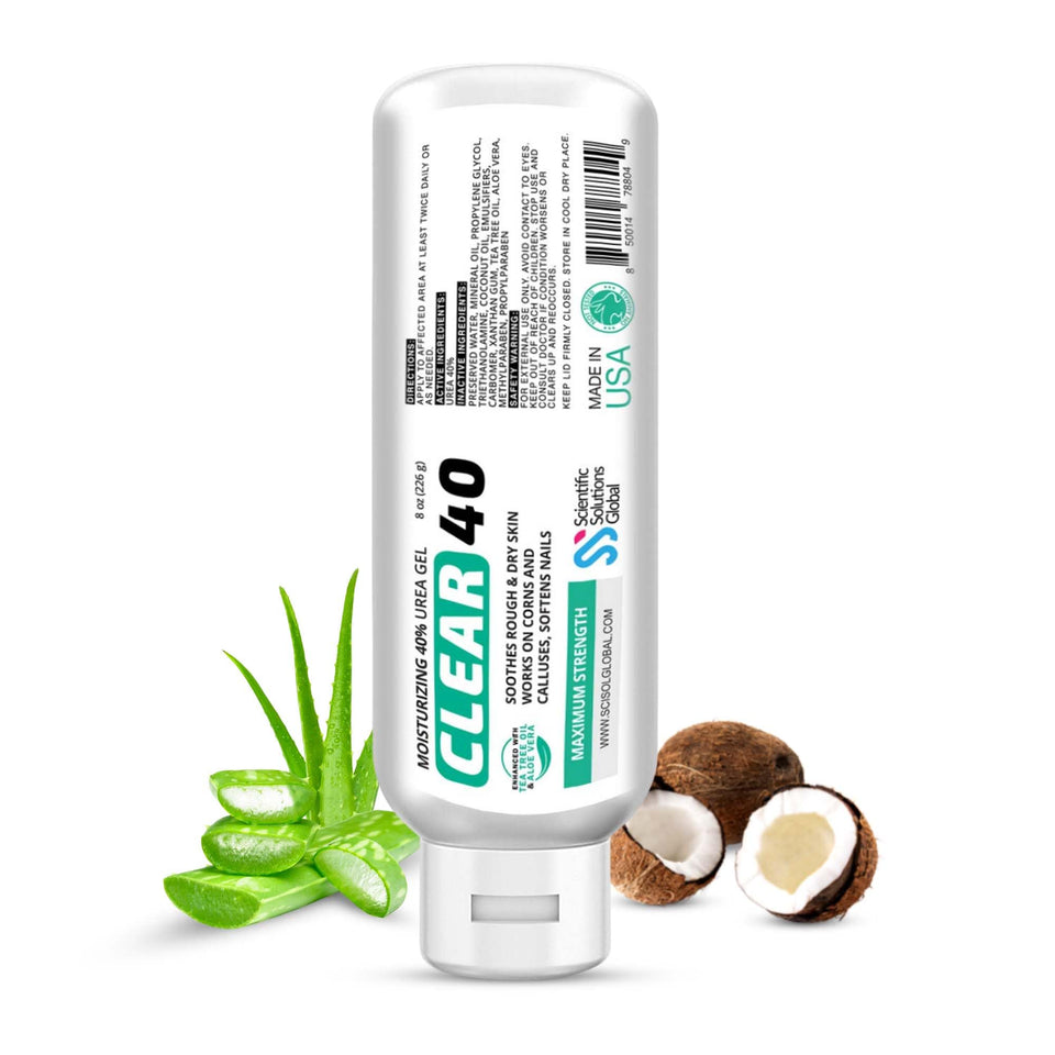 Scientific Solutions Global CLEAR 40 Urea Gel bottle for deep hydration on dry skin.
