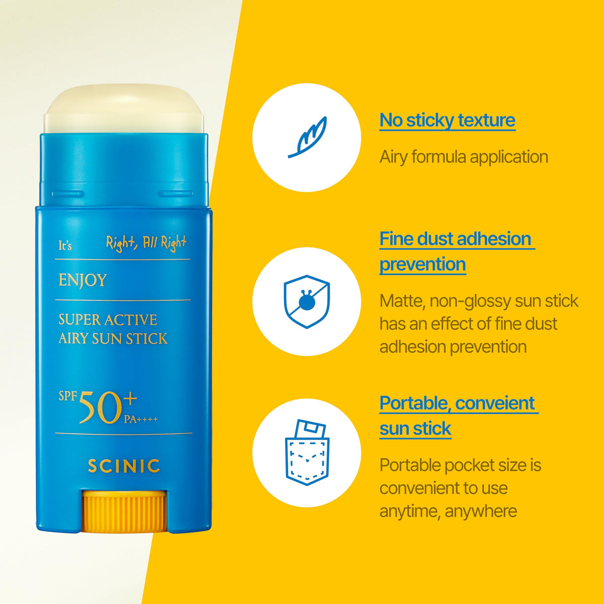 SCINIC Enjoy Super Active Airy Sun Stick being applied to the skin for quick reapplication