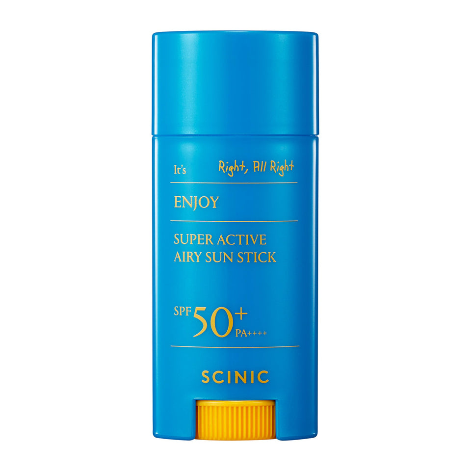 SCINIC Enjoy Super Active Airy Sun Stick bottle shows portable UV protection for on-the-go use