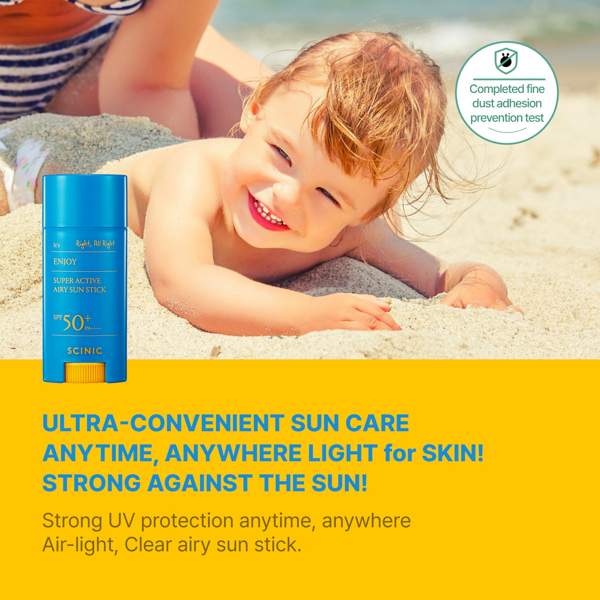 SCINIC Enjoy Super Active Airy Sun Stick is opened to demonstrate easy outdoor application