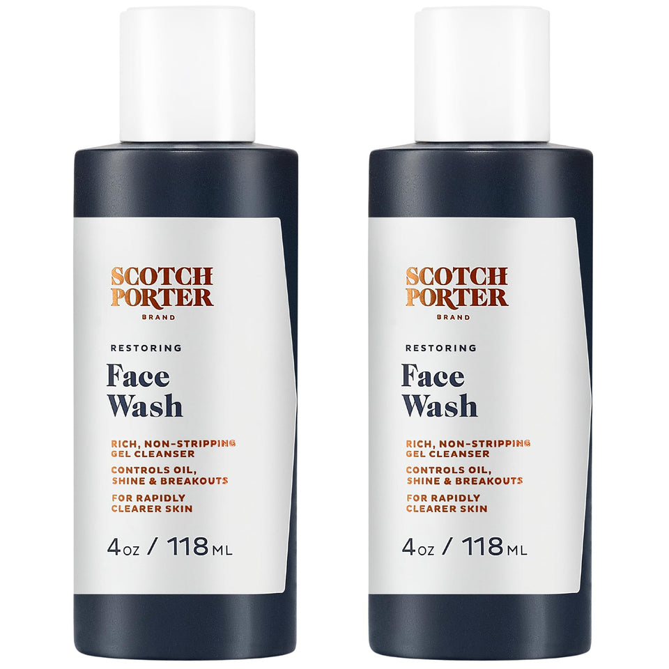 Scotch Porter Restoring Face Wash bottle pouring for gentle cleansing.