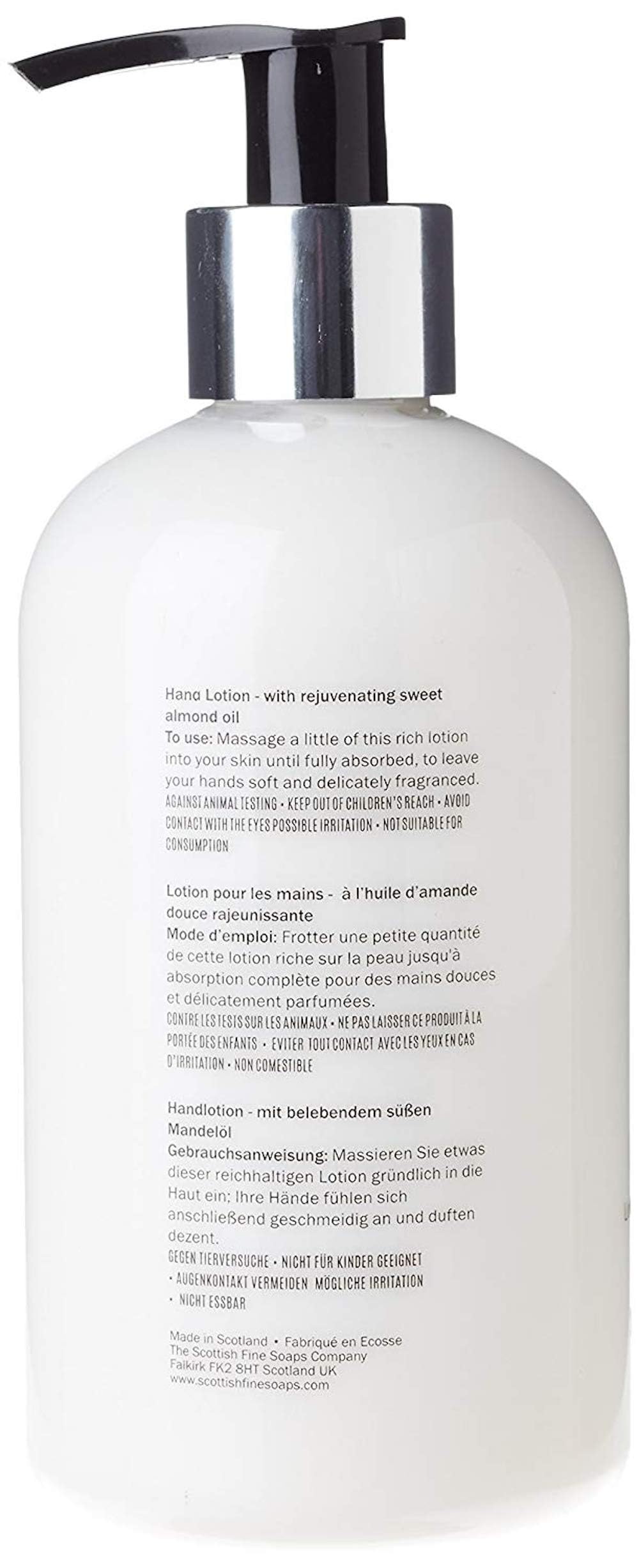 Scottish Fine Soaps Au Lait Hand Lotion dispensing scene offers quick hydration on contact
