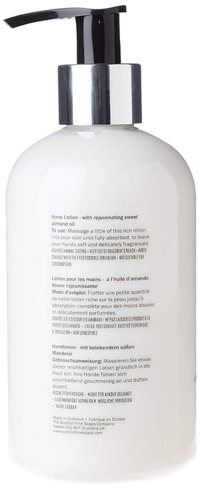 Scottish Fine Soaps Au Lait Hand Lotion dispensing scene offers quick hydration on contact