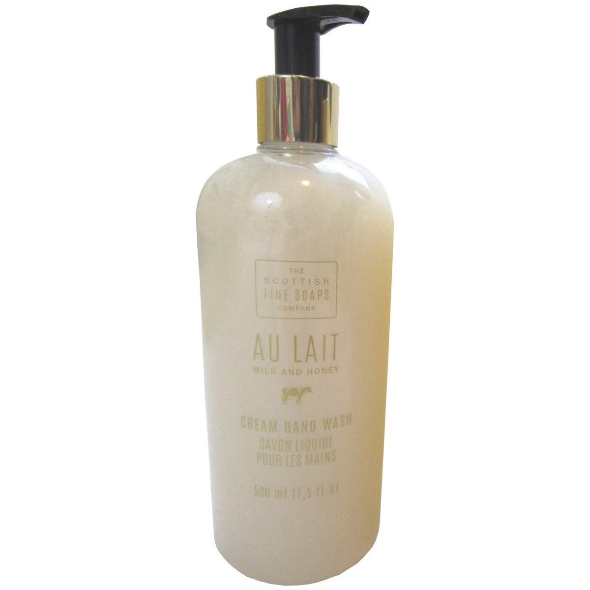 Scottish Fine Soaps Au Lait Milk and Honey hand soap bottle promotes soft, hydrated skin after washing