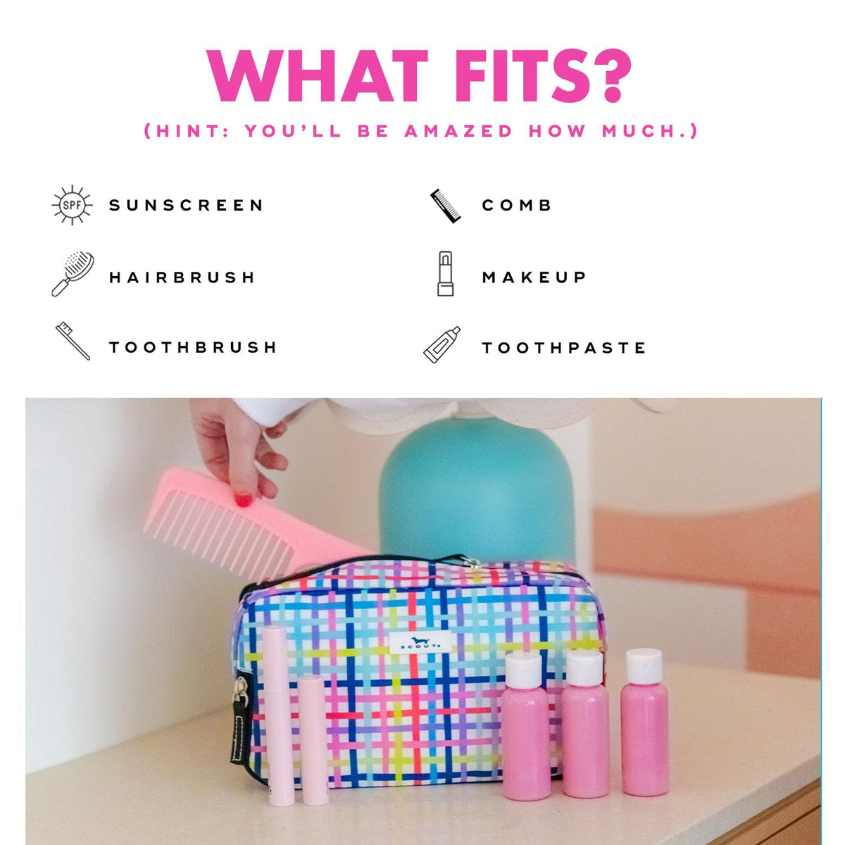 SCOUT 3-Way Toiletry Bag standing upright for quick viewing of contents
