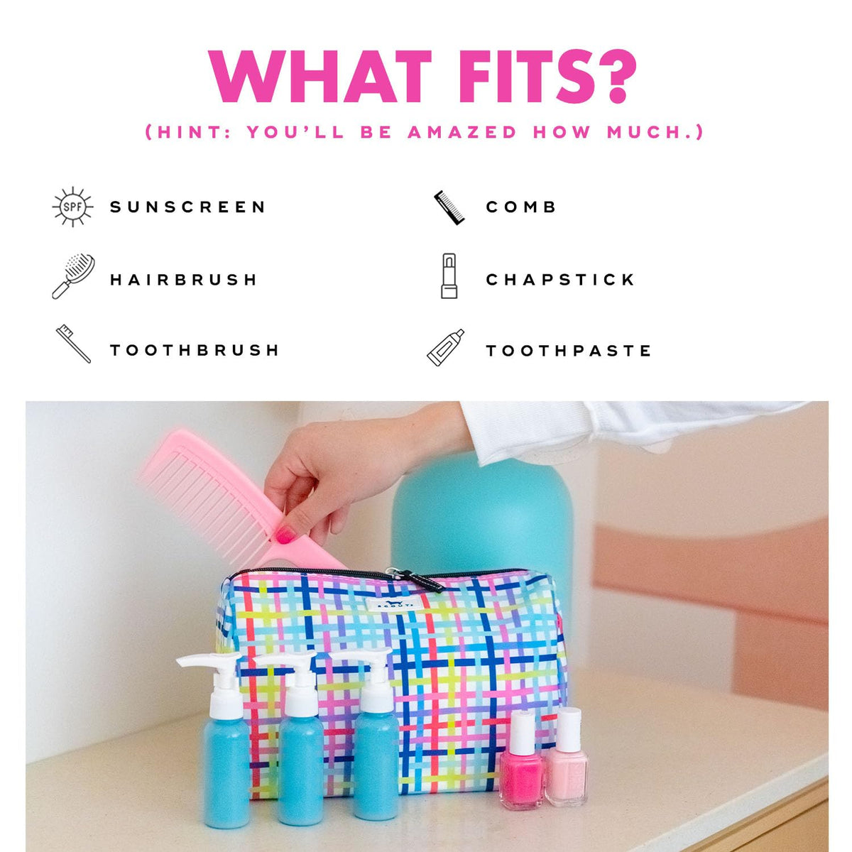 SCOUT Packin' Heat fits full-size bottles and brushes for longer trips.