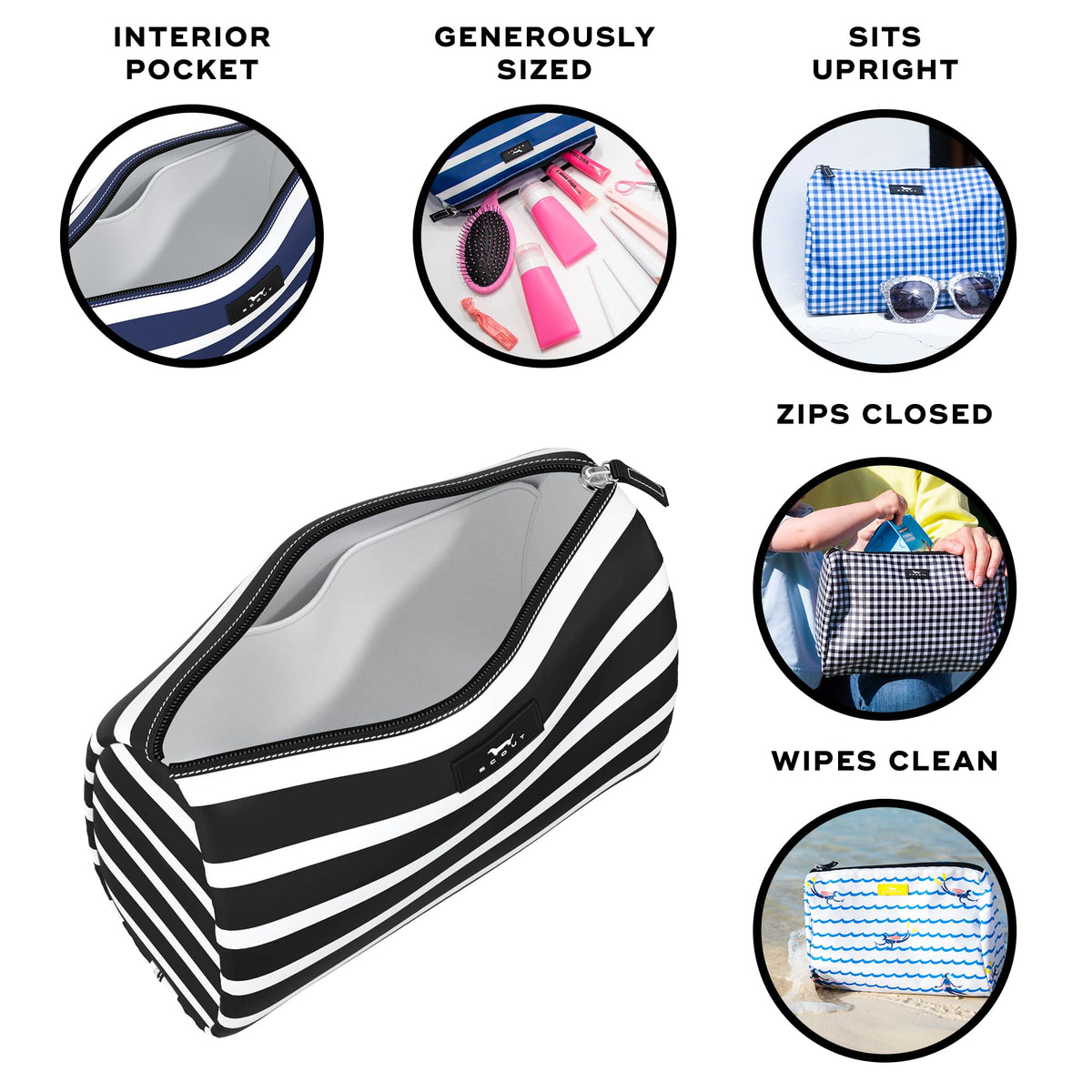 SCOUT Packin' Heat Toiletry Bag open interior pocket keeps brushes accessible.