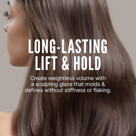 Hair styled with Scruples Enforce Sculpting Glaze delivering body and lift.