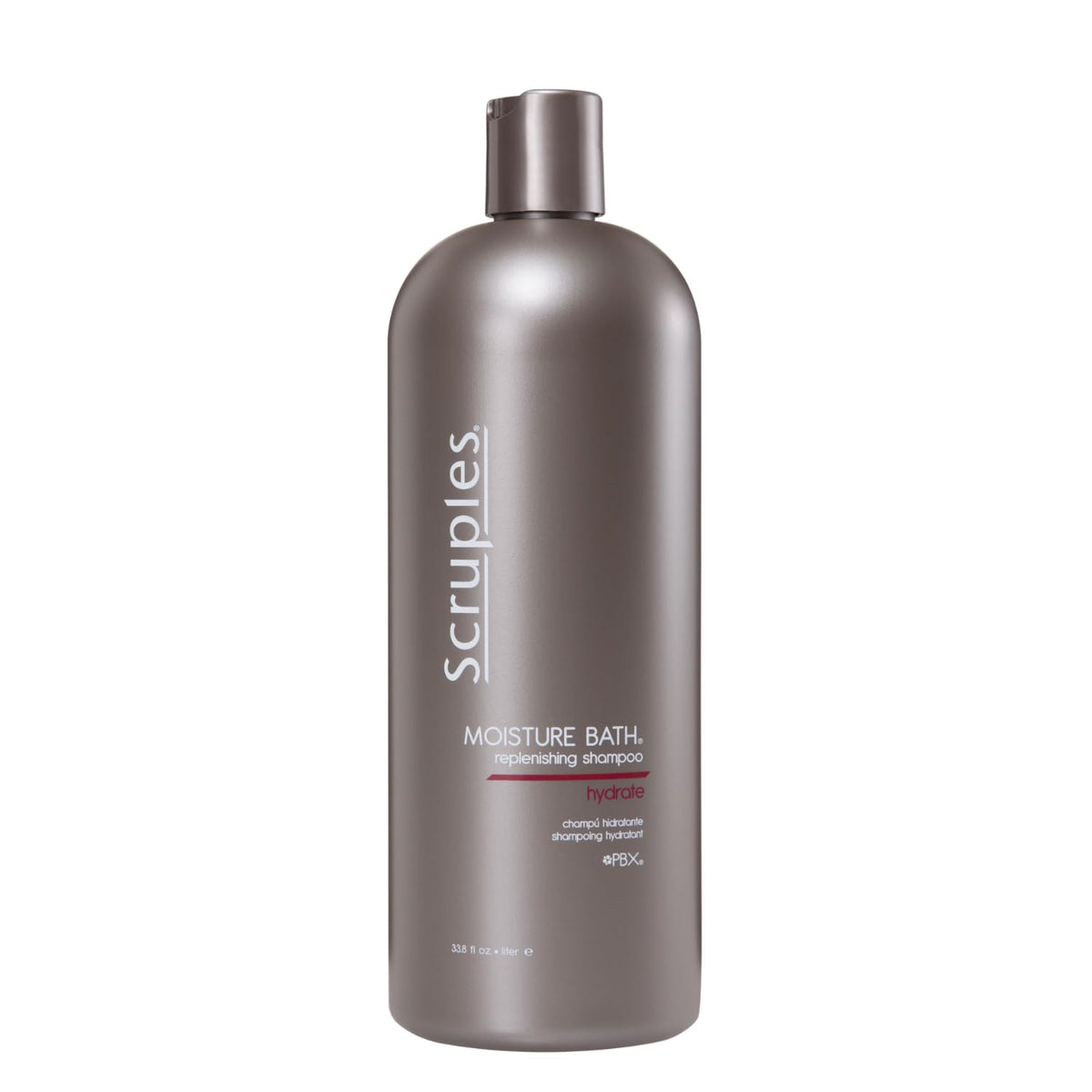 Scruples Moisture Bath Shampoo bottle on a clean shelf, hydration for dry hair.