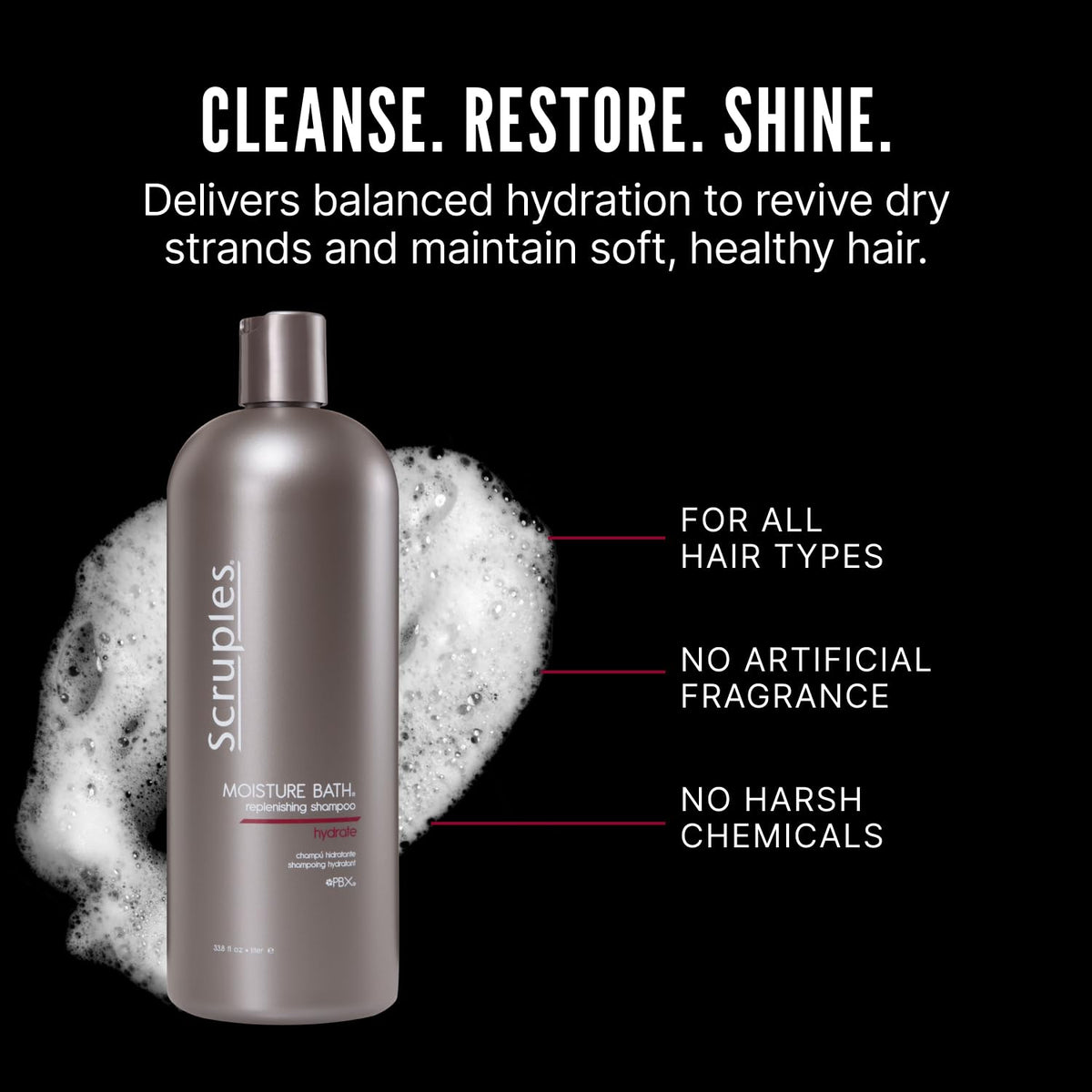 Scruples Moisture Bath Shampoo packaging displayed in a bright bathroom scene.
