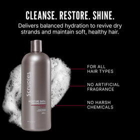 Scruples Moisture Bath Shampoo packaging displayed in a bright bathroom scene.