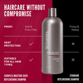 Pouring Scruples Moisture Bath Shampoo into hand for a hydrating cleanse.
