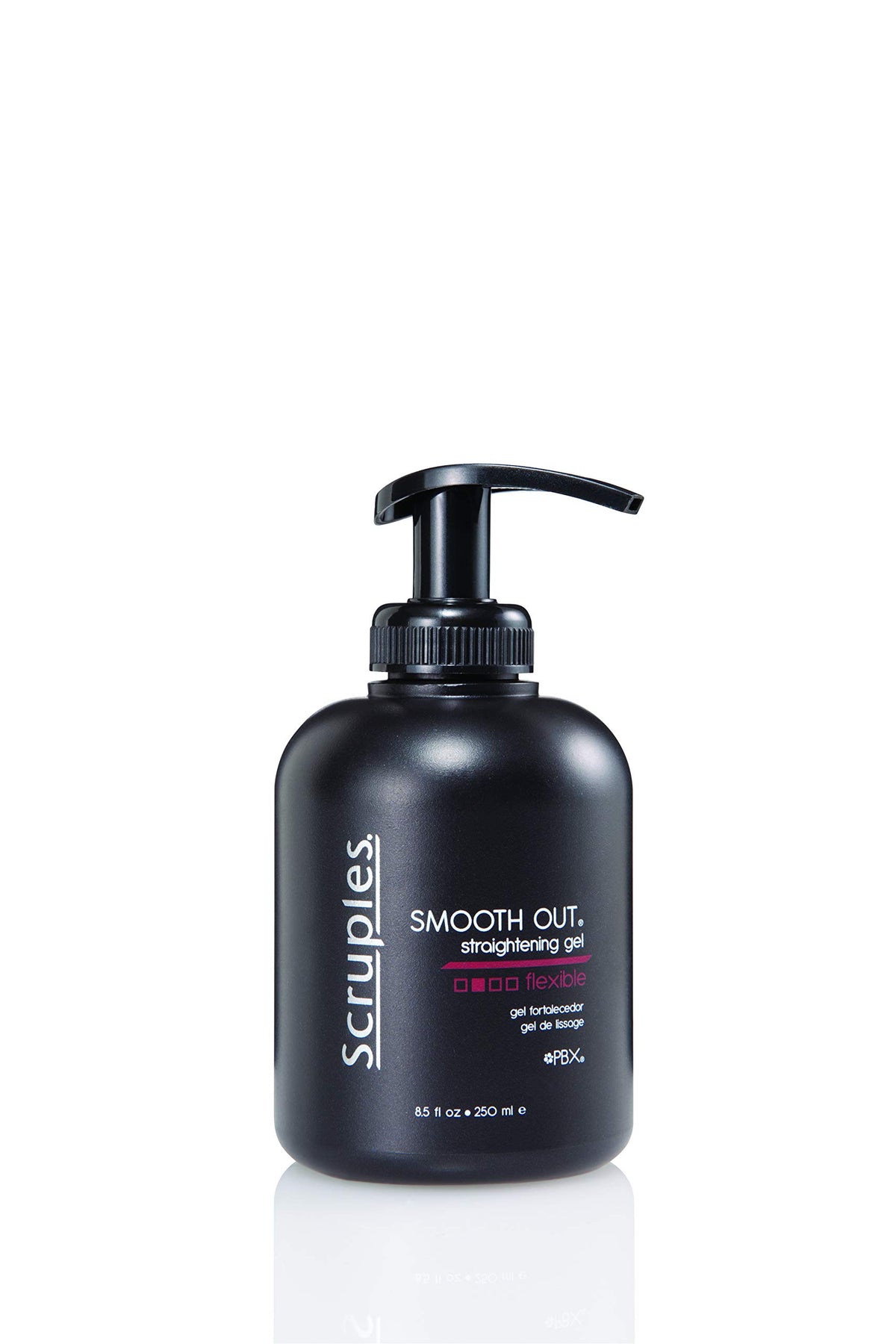 Scruples Smooth Out Gel bottle close-up highlighting frizz control and salon shine.