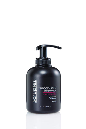 Scruples Smooth Out Gel bottle close-up highlighting frizz control and salon shine.