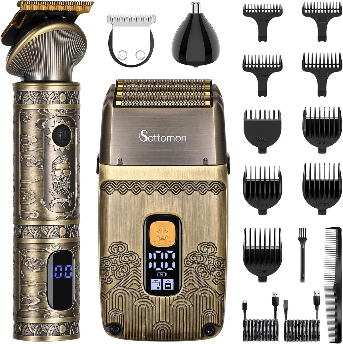 Scttomon T-Blade kit demonstrates dual trimming and shaving versatility for home grooming.