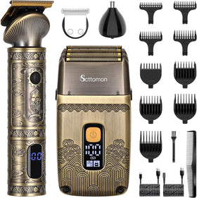 Scttomon T-Blade kit demonstrates dual trimming and shaving versatility for home grooming.