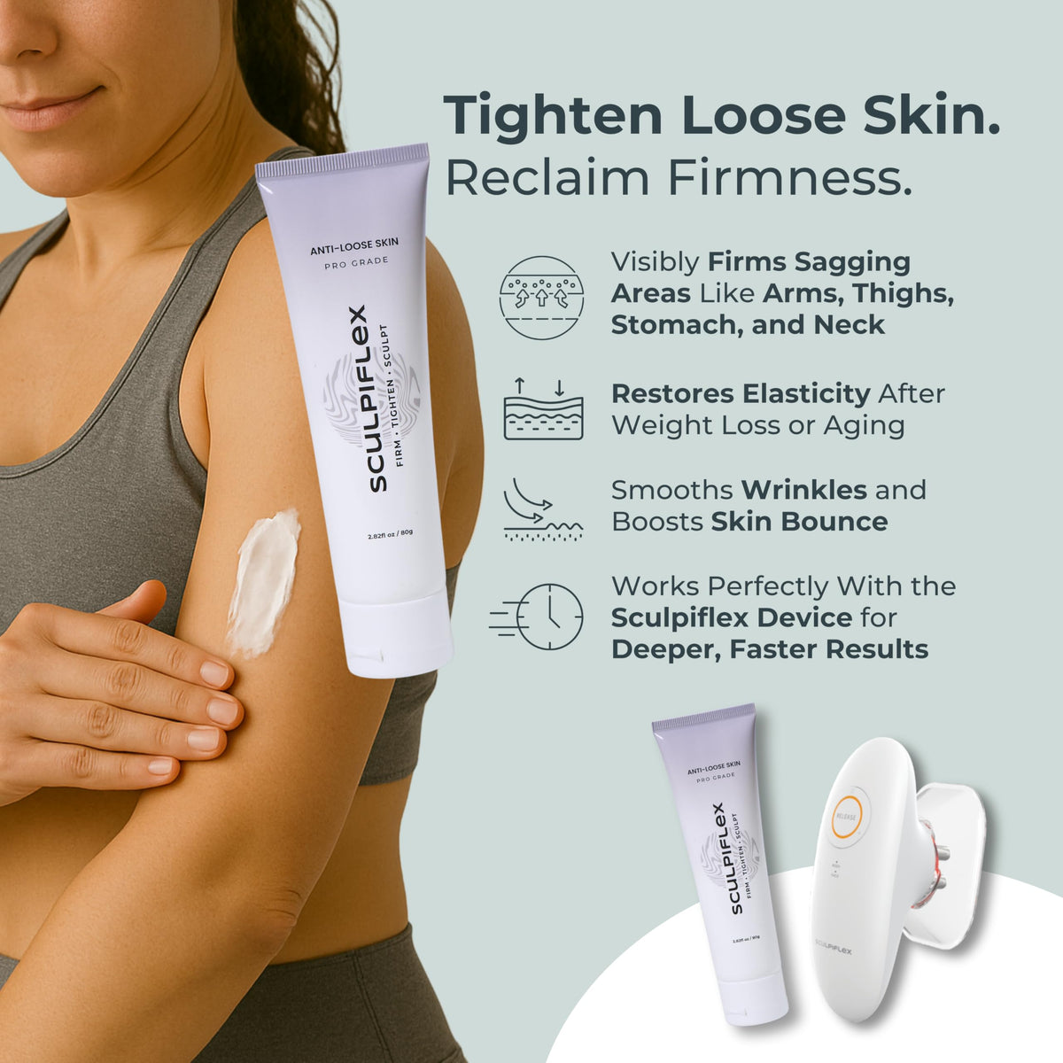 SCULPIFLEX Firming Cream hand application demonstrates easy, mess-free daily use.