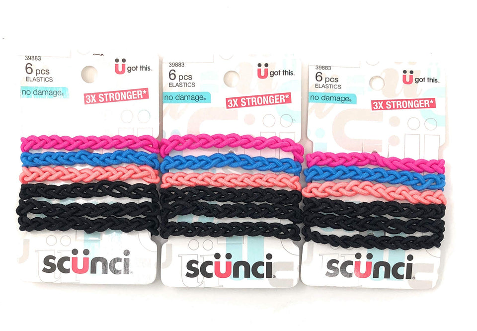 Scunci braided elastics in black close-up showing secure no-damage grip