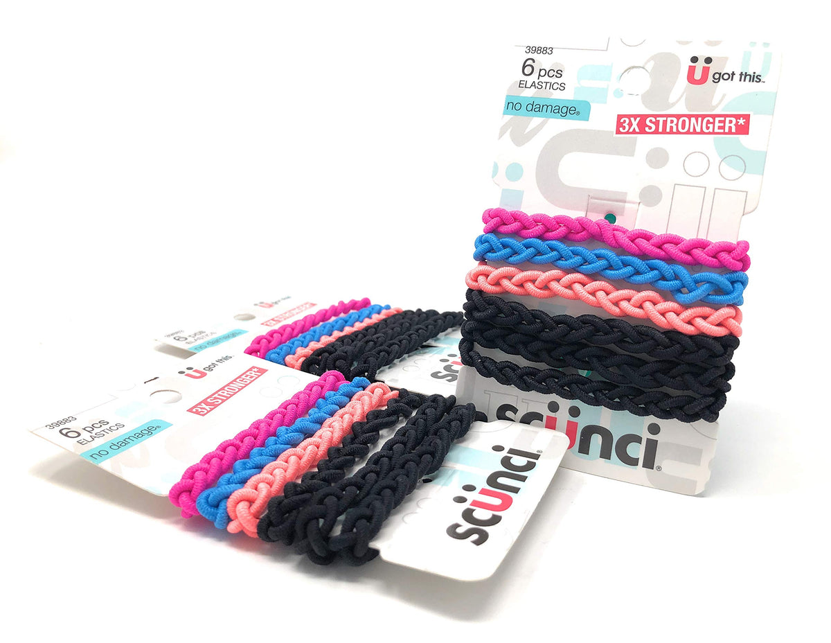 Scunci braided elastics no-damage design close-up emphasizing hair-friendly construction