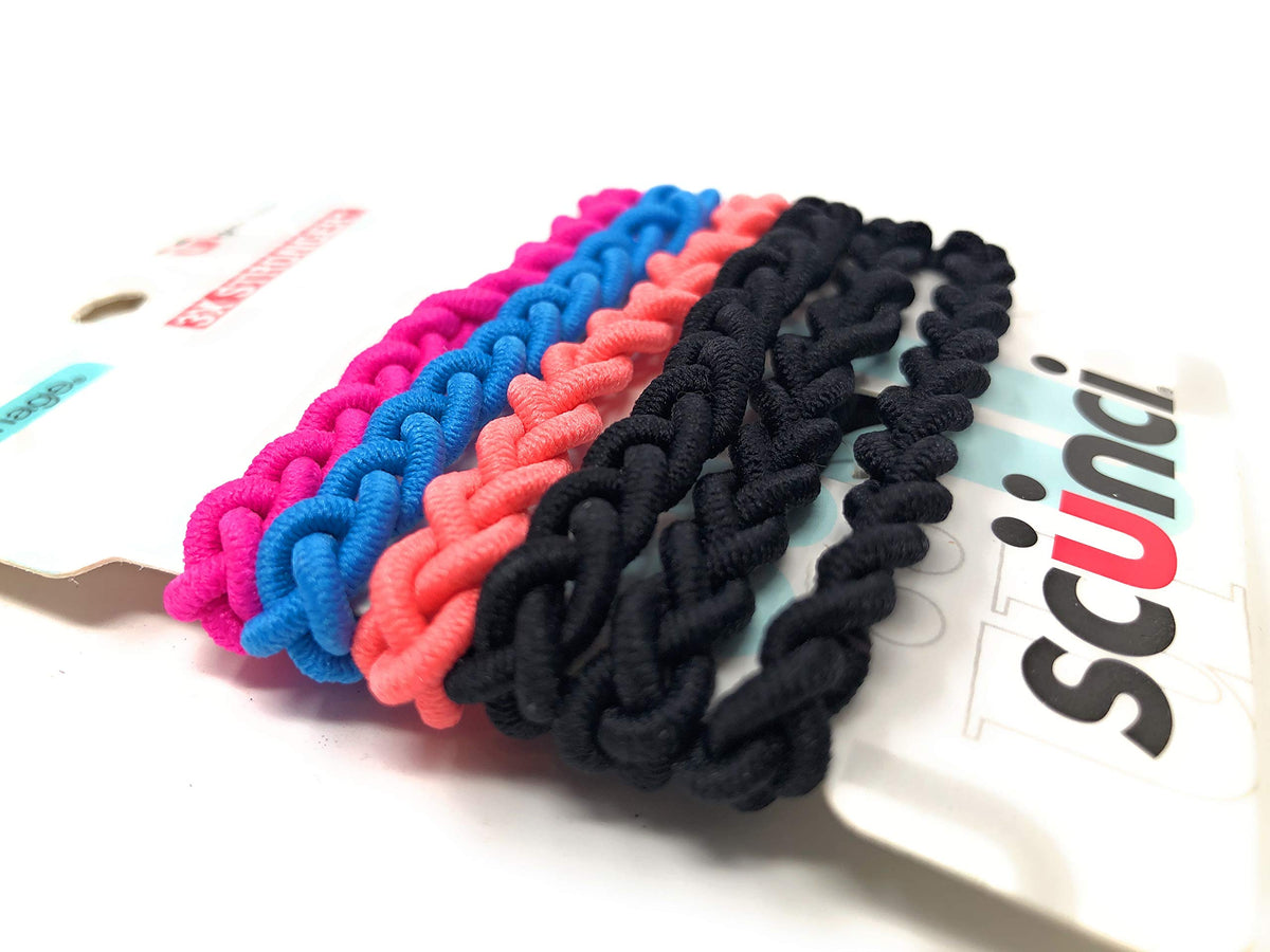 Scunci braided elastics on a ponytail demonstrating reliable hold