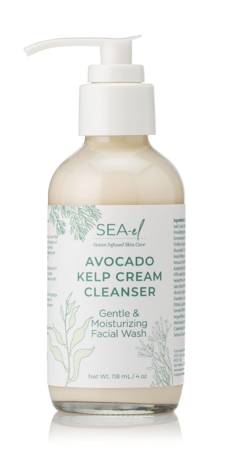 Sea-El Avocado & Kelp Cream Cleanser bottle displays creamy, non-foaming formula for gentle cleansing.
