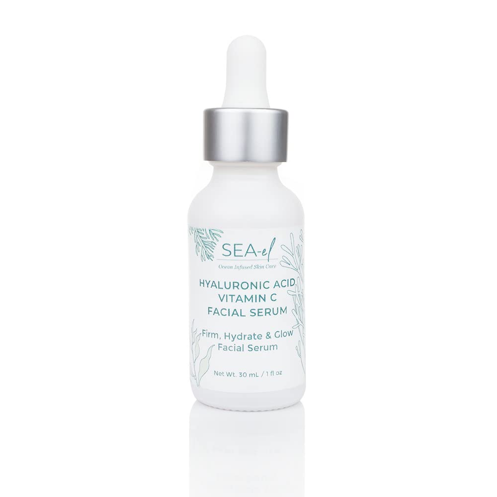 Sea-El Hyaluronic Acid & Vitamin C serum bottle front view, highlighting hydration and brightening potential.