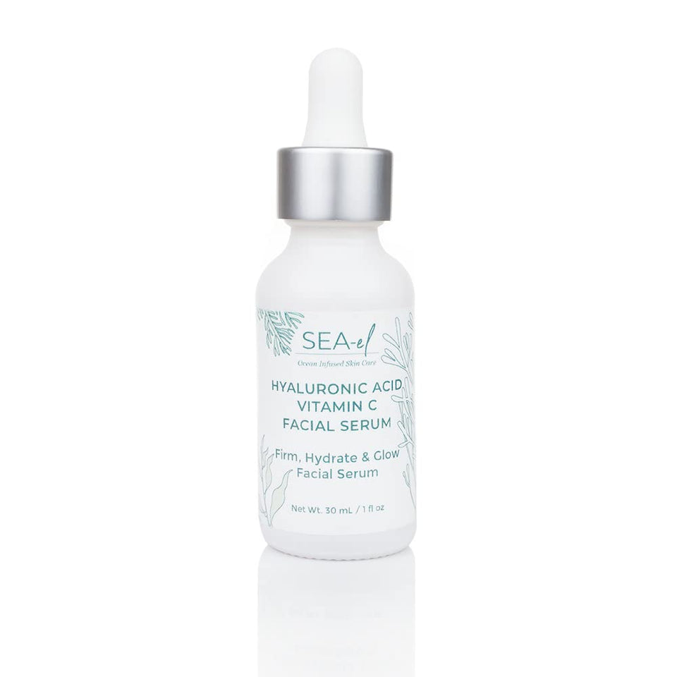 Sea-El Hyaluronic Acid & Vitamin C serum bottle front view, highlighting hydration and brightening potential.