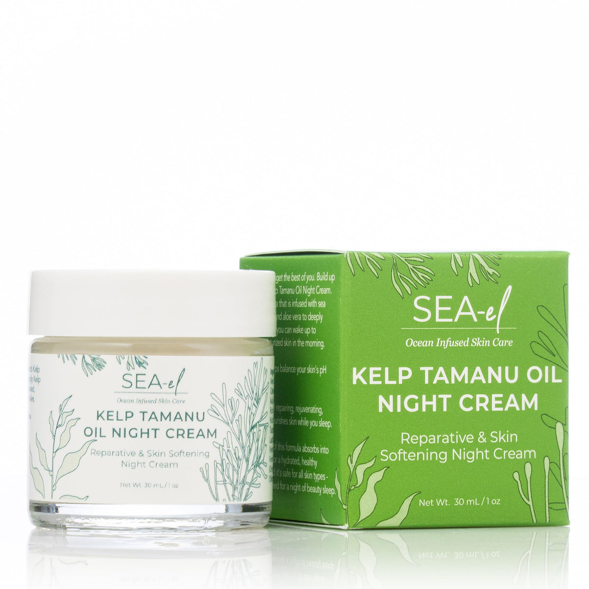 Bathroom shelf display of Sea-El Night Cream, vegan and cruelty-free.