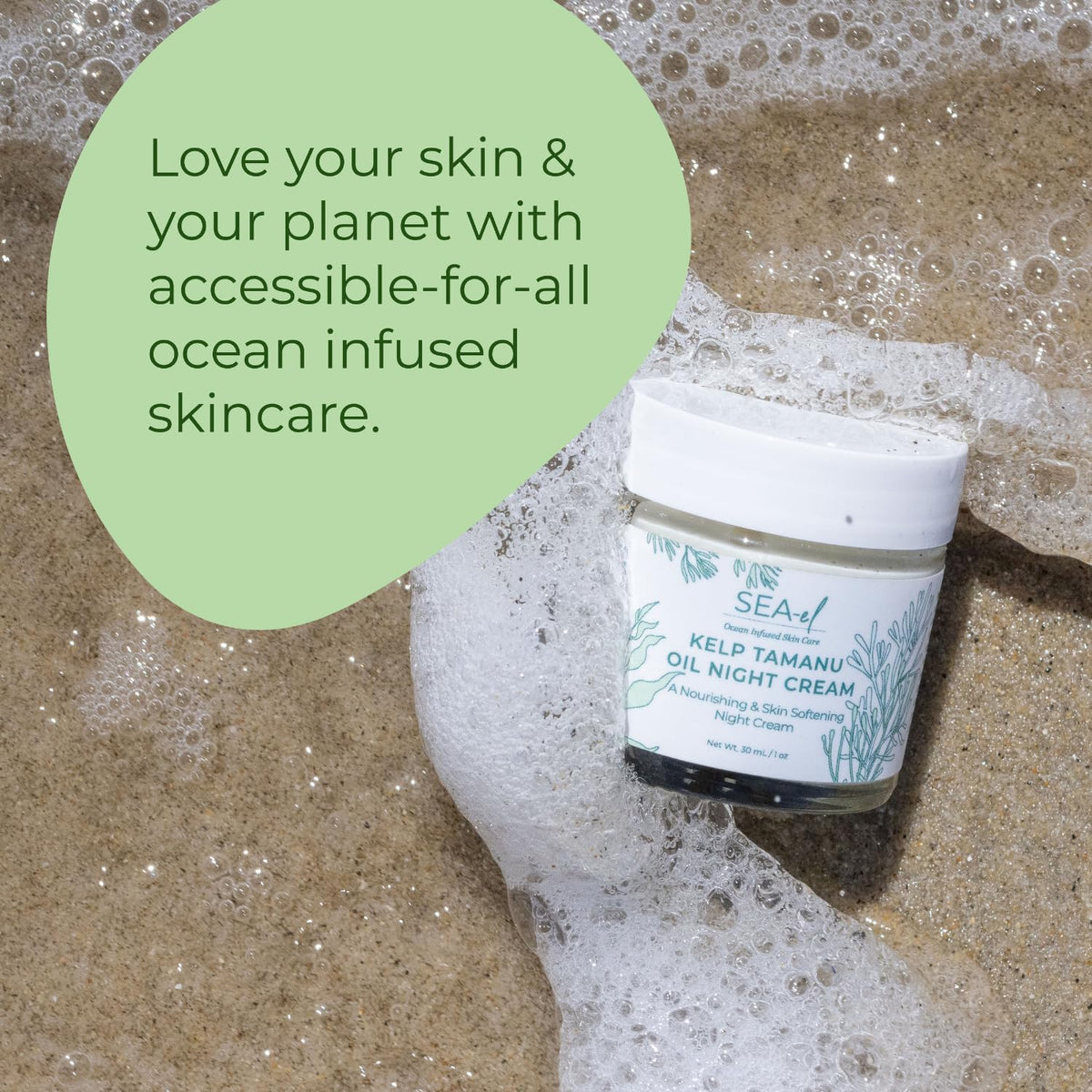 Fermented kelp and tamanu oil ingredients highlighting mineral-rich formula.