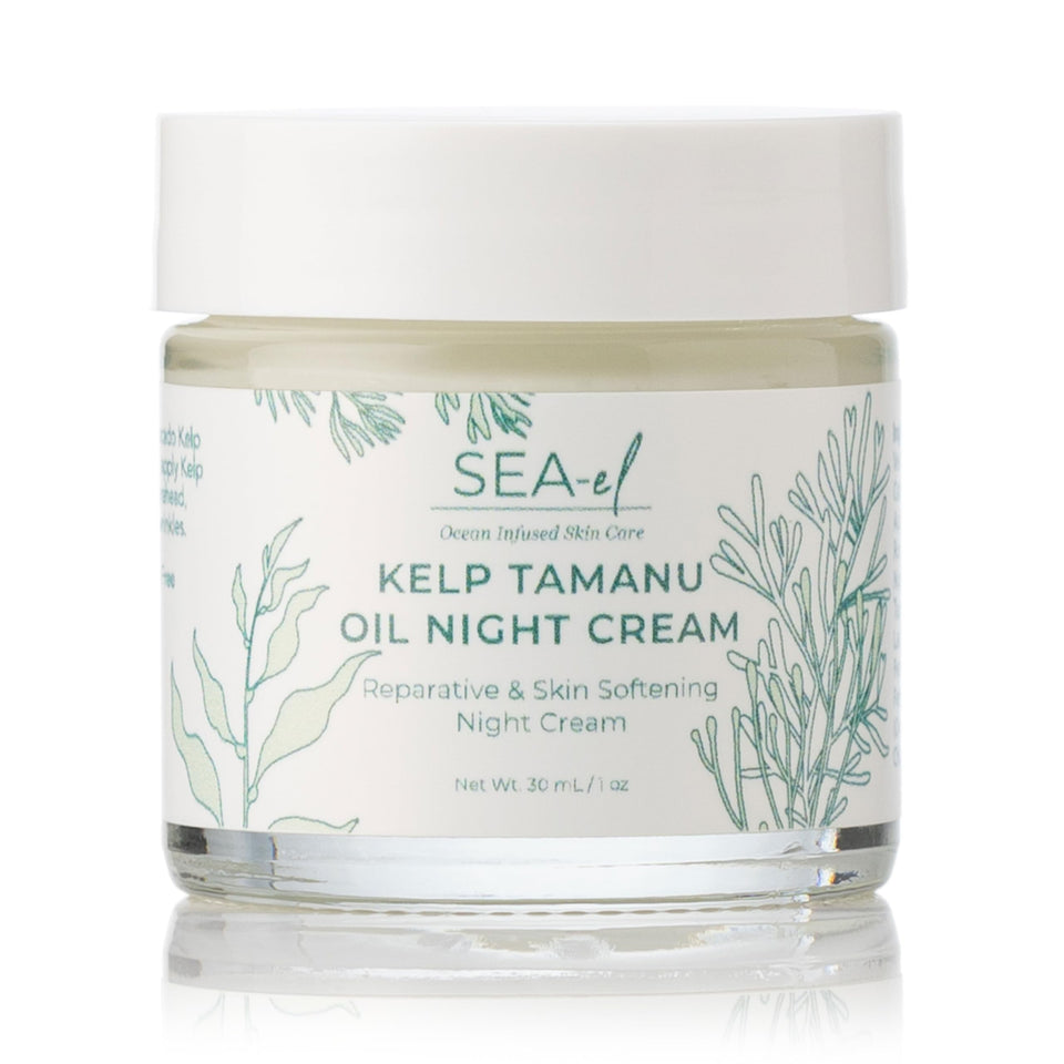 Sea-El Kelp Tamanu Night Cream jar closeup showing rich hydration.