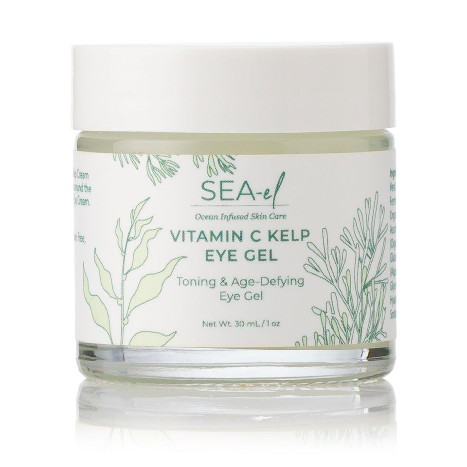 Sea-El Vitamin C Kelp Eye Gel jar closeup shows refreshing hydration.