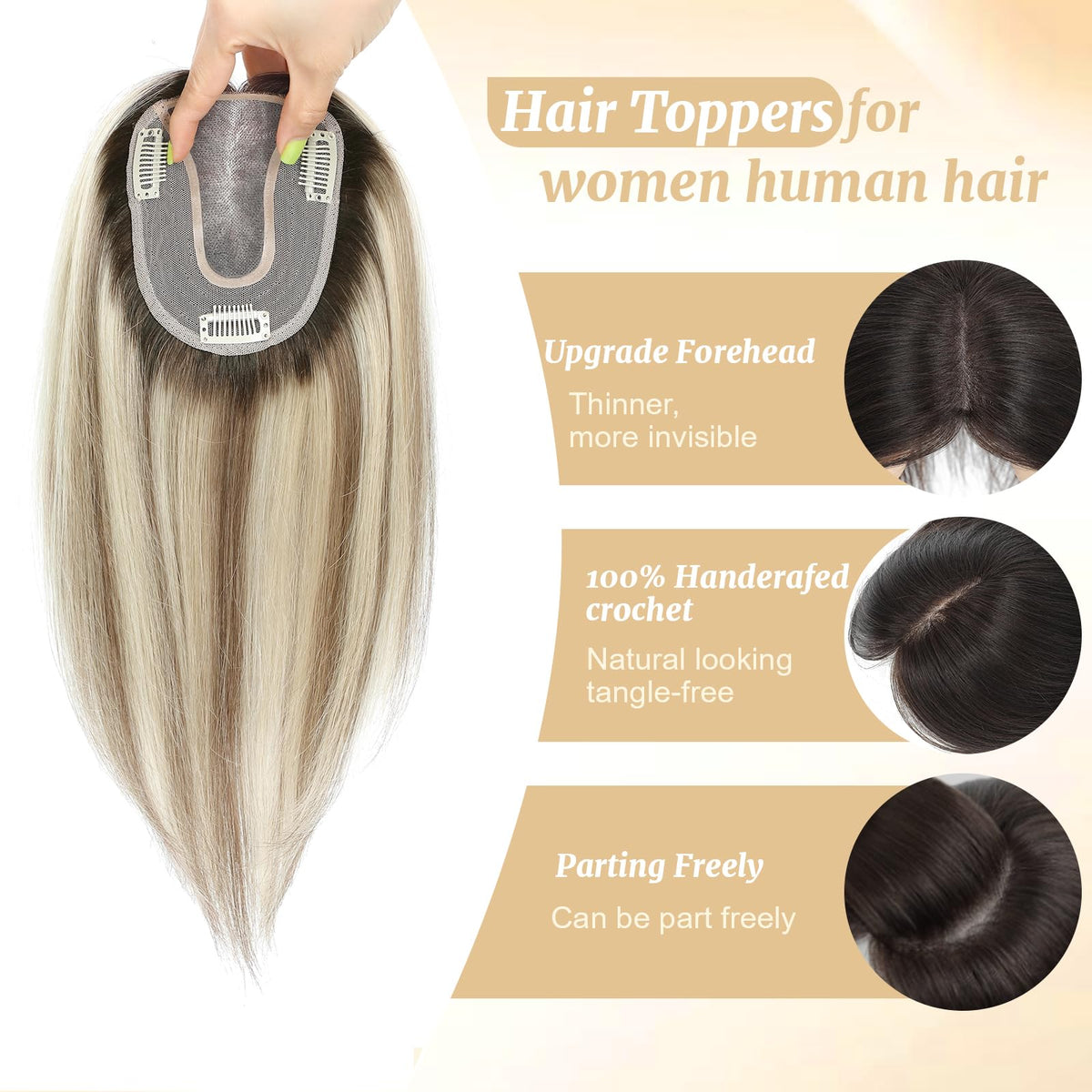 SEA SINGING real human hair topper with clips demonstrating secure wear.