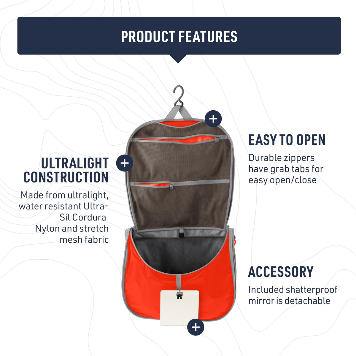 Detachable shatterproof mirror included with Sea to Summit toiletry bag