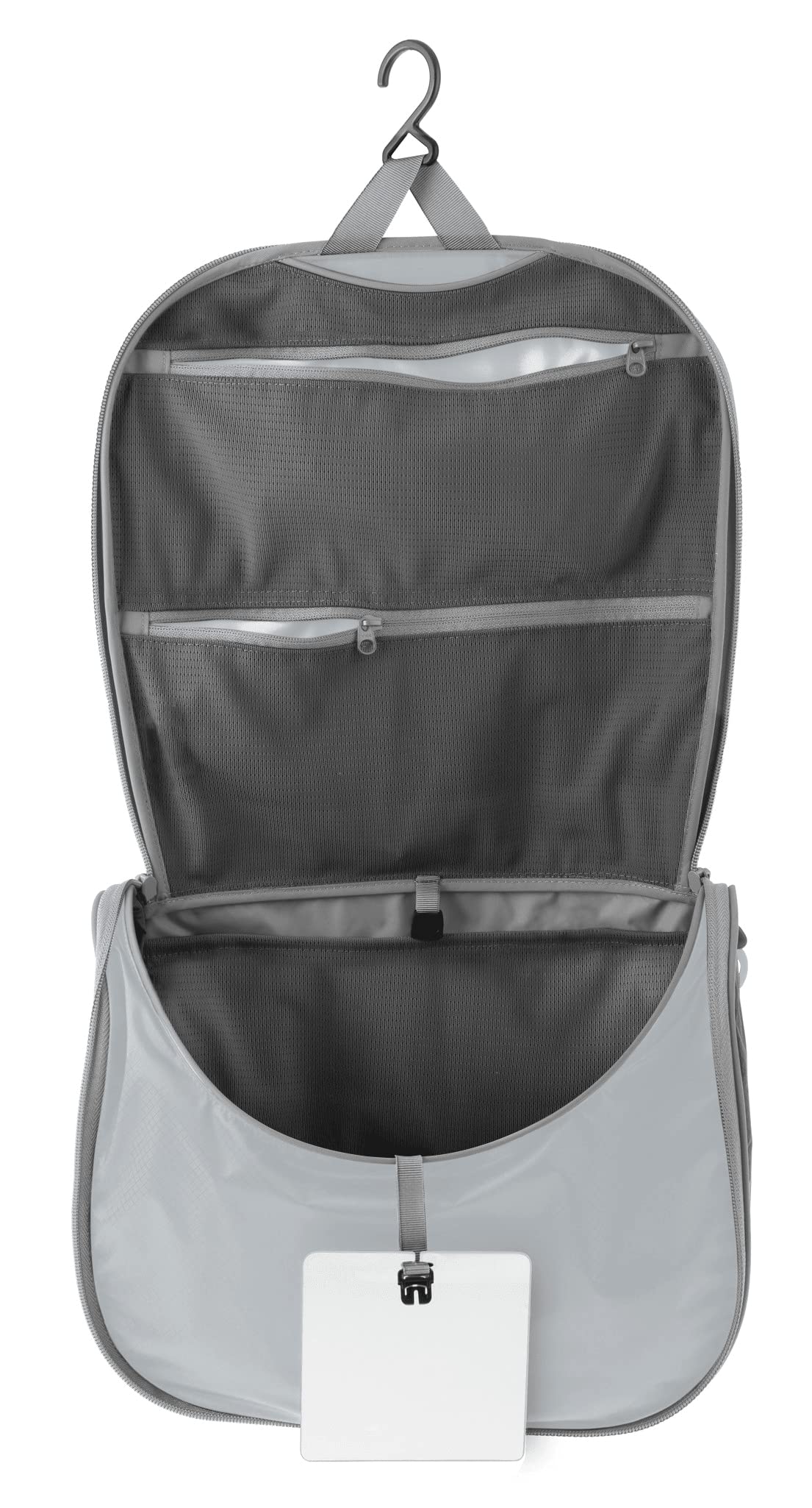 Sea to Summit large hanging toiletry bag open, easy access to cosmetics on travel
