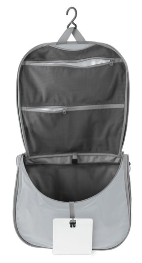 Sea to Summit large hanging toiletry bag open, easy access to cosmetics on travel
