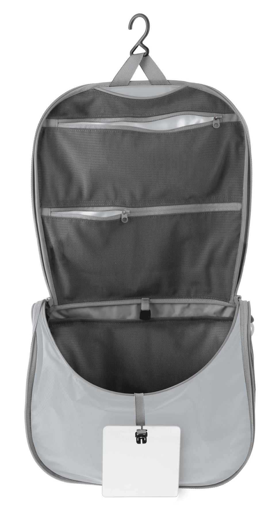 Sea to Summit large hanging toiletry bag open, easy access to cosmetics on travel