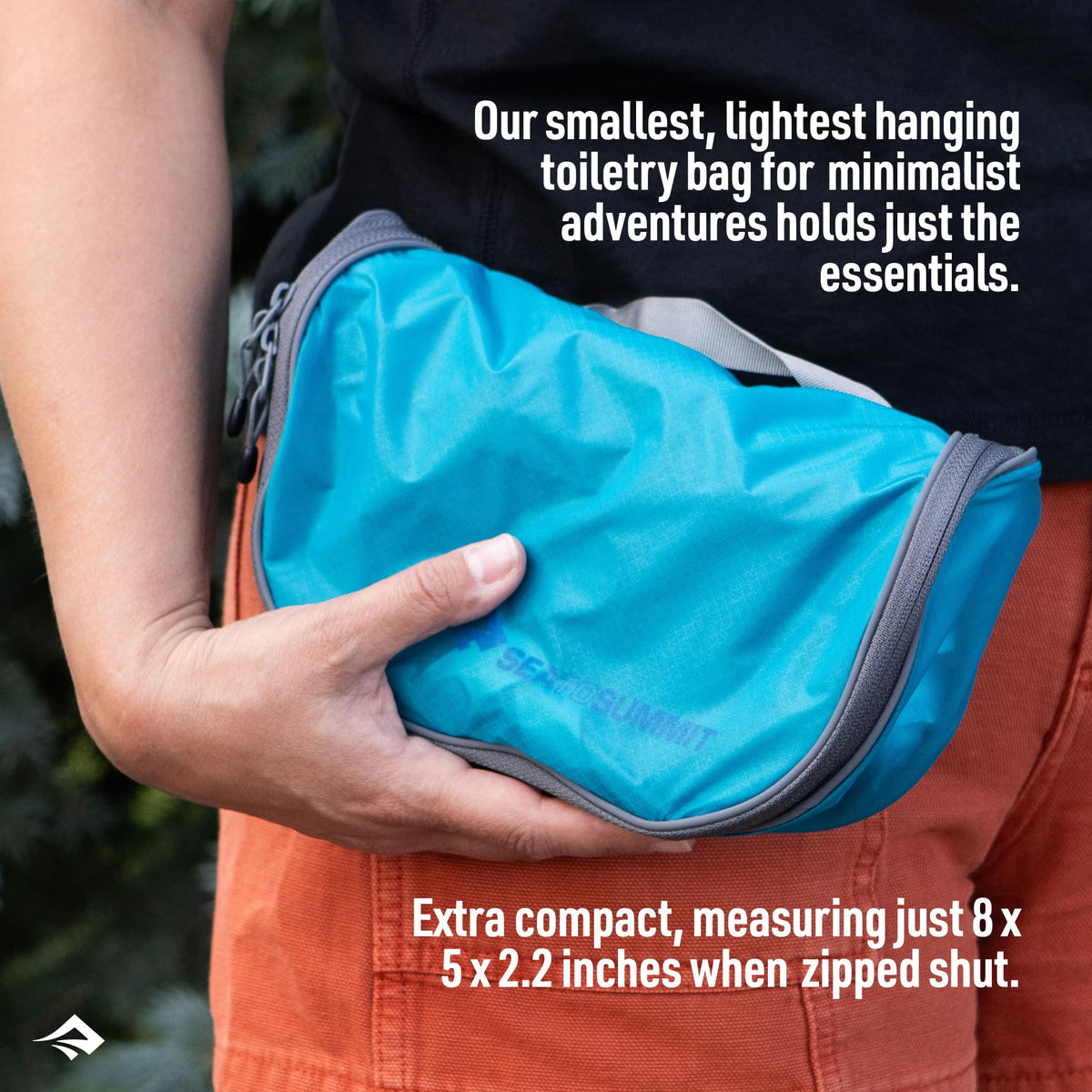 Sea to Summit small-hanging toiletry bag compact when zipped, ideal for compact travel.