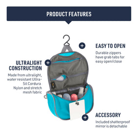 Sea to Summit hanging hook and detachable mirror add convenient setup in hotel rooms.