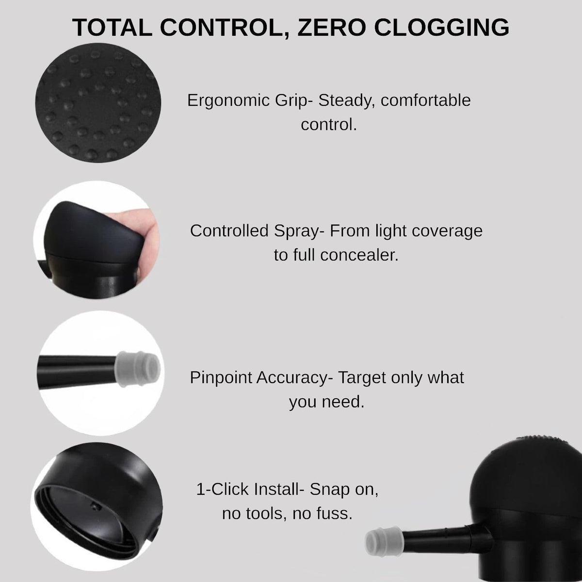 Seaboll precision spray applicator creates fine mist for precise hairline work.