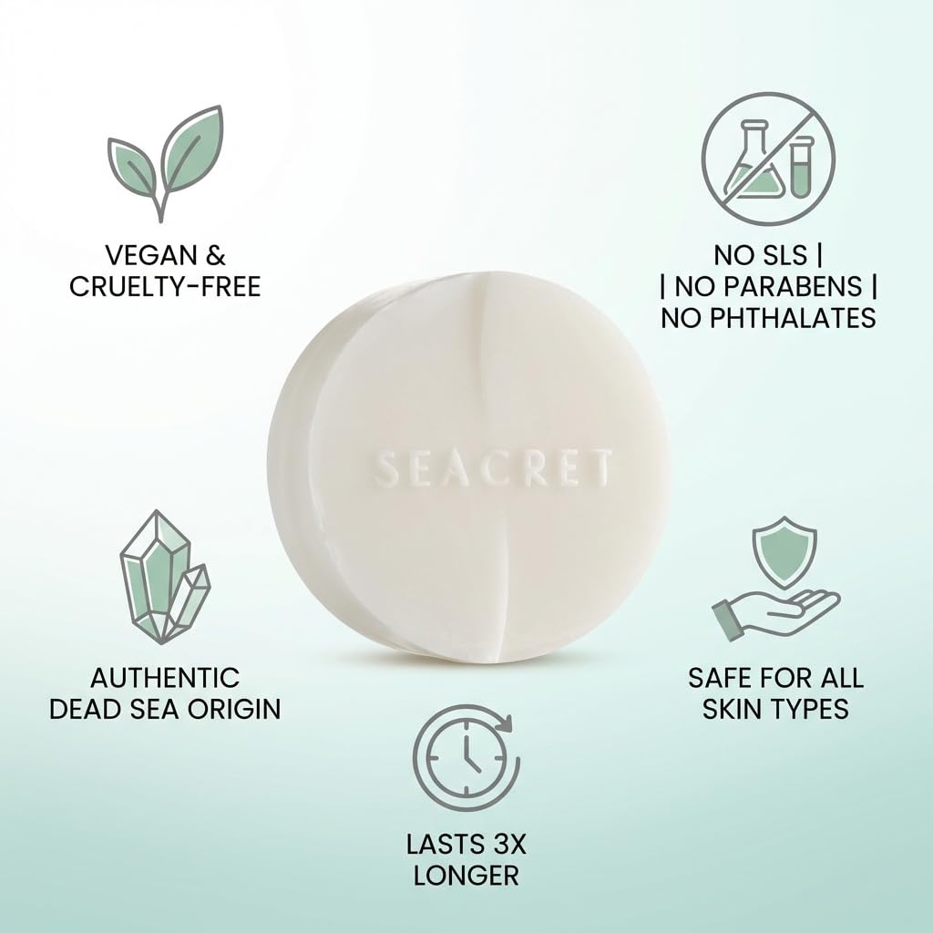 SEACRET Dead Sea minerals list showing 26 minerals for skin balance and purification.