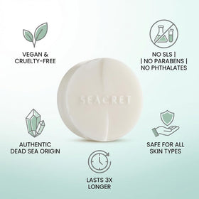 SEACRET Dead Sea minerals list showing 26 minerals for skin balance and purification.