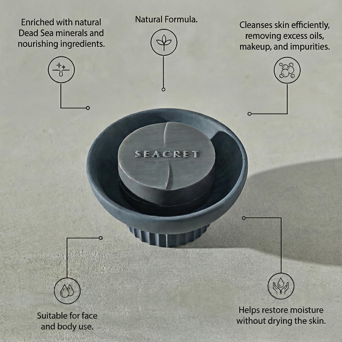 SEACRET Dead Sea Mud Soap Bar closeup reveals the smooth mud texture for gentle exfoliation.