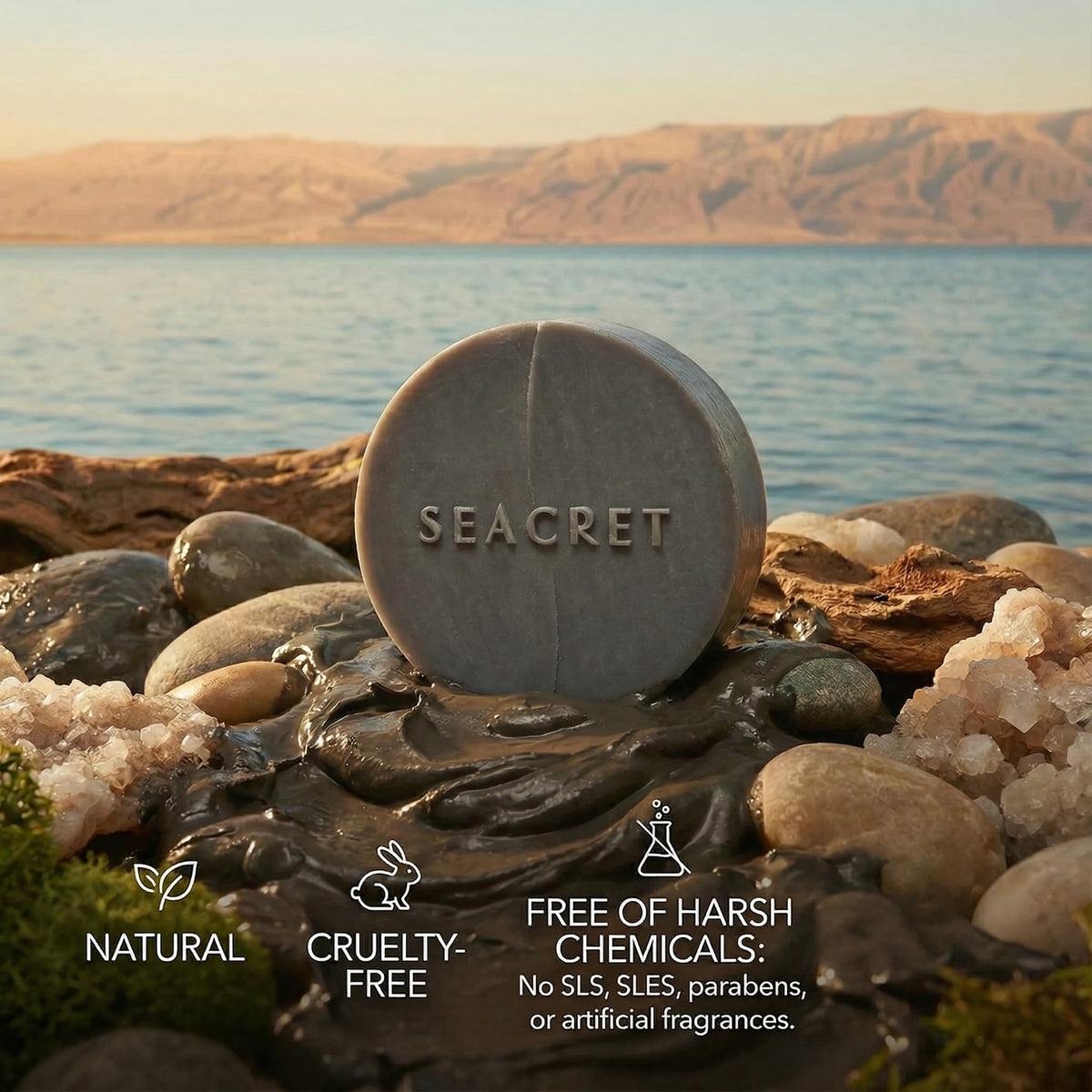 SEACRET Dead Sea Mud Soap Bar fragrance-free badge emphasizes clean beauty without synthetic scents.