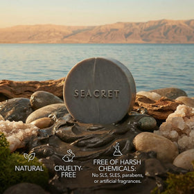SEACRET Dead Sea Mud Soap Bar fragrance-free badge emphasizes clean beauty without synthetic scents.