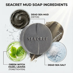 SEACRET Dead Sea Mud Soap Bar pore-cleansing image highlights deep cleansing of clogged pores.