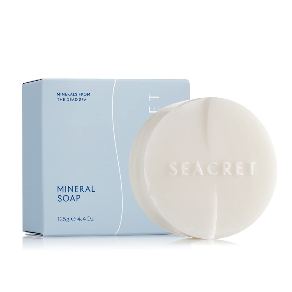 SEACRET Dead Sea Salt Soap bar closeup highlighting mineral-rich formula for gentle cleansing.