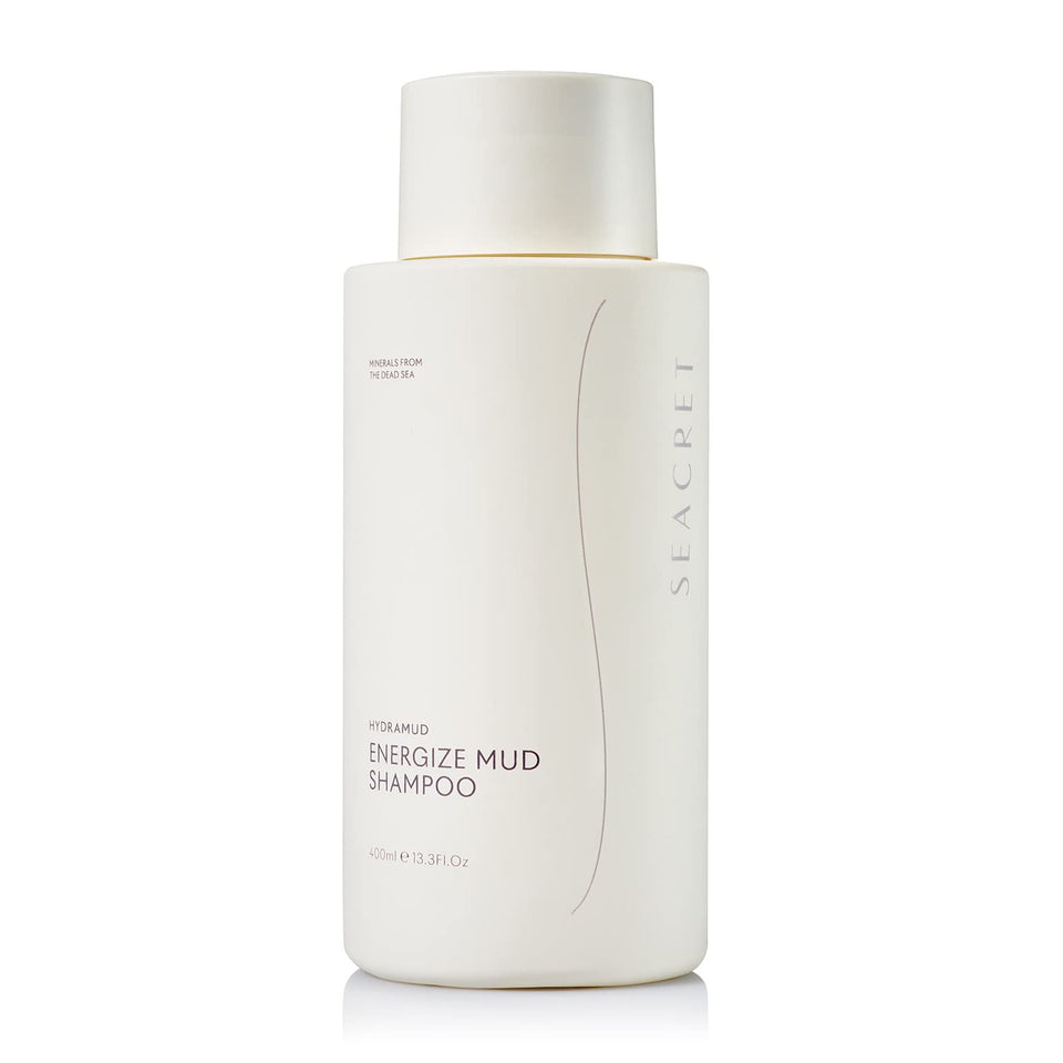 SEACRET HydraMud bottle highlights Dead Sea minerals for gentle scalp cleansing.
