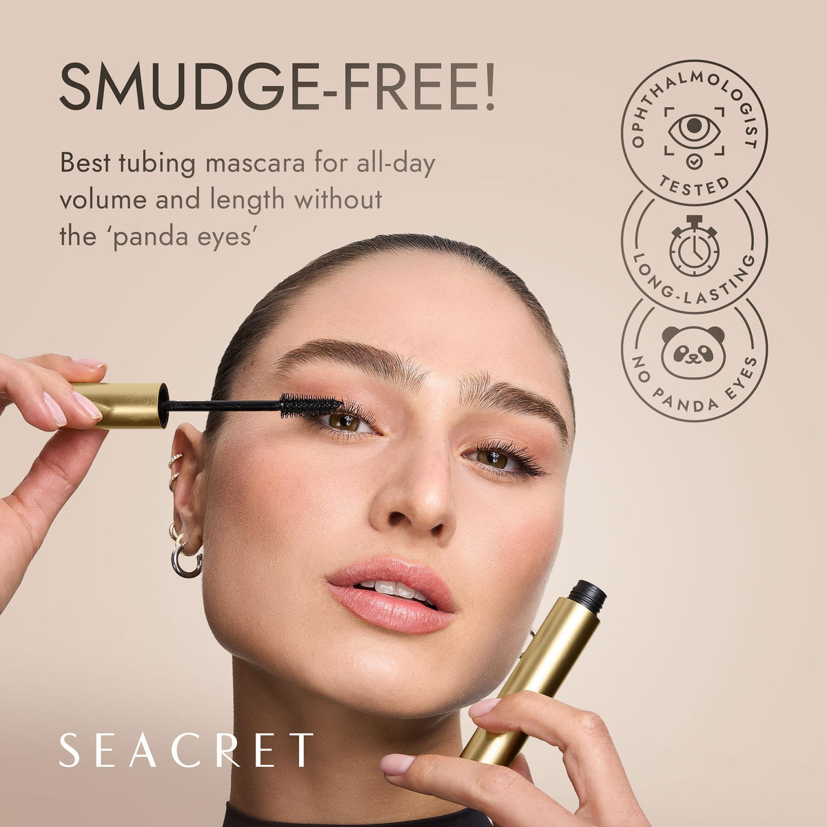 Close-up of SEACRET mascara tube highlighting water-resistant tubing