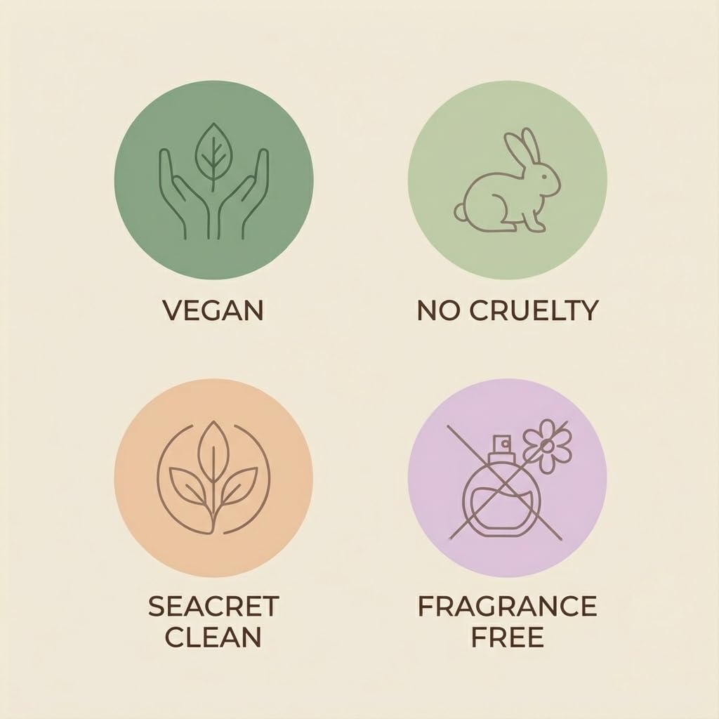 SEACRET label highlights fragrance-free and SLS-free daily wash option.