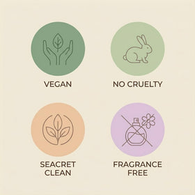 SEACRET label highlights fragrance-free and SLS-free daily wash option.